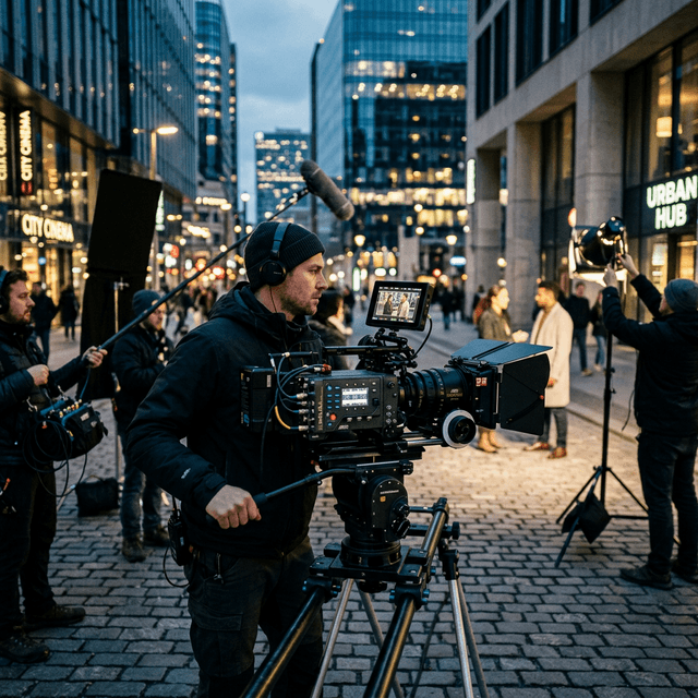 Professional media production team on set